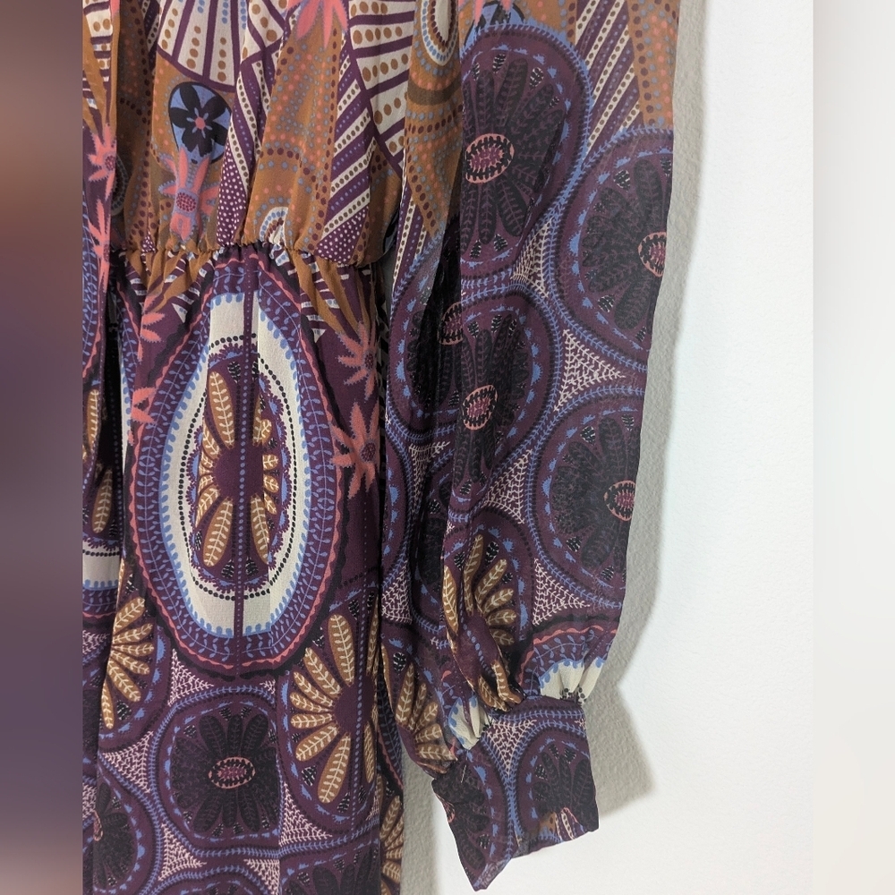 Pink Owl Boho Retro Sheer Dress Purple Geometric Print Tie Neck Bow Size s - Picture 2 of 8